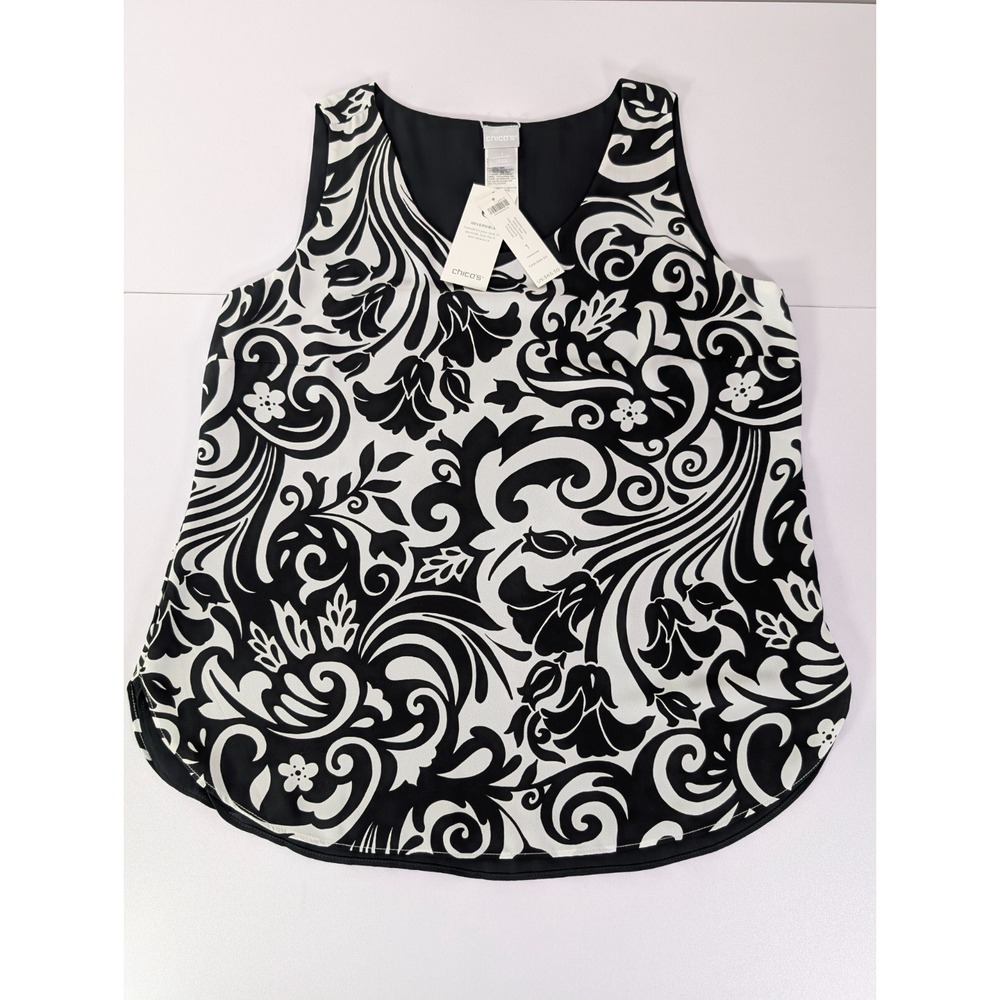 CHICO'S Tank Top Women Size 1 Reversible Scroll Print Woven Pattern Black White - Picture 7 of 10